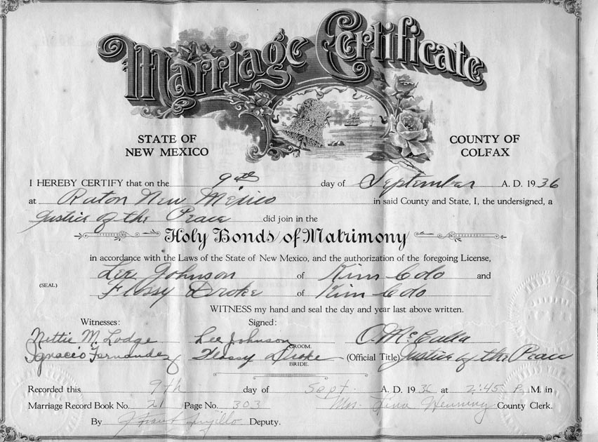 The back of their Marriage License
